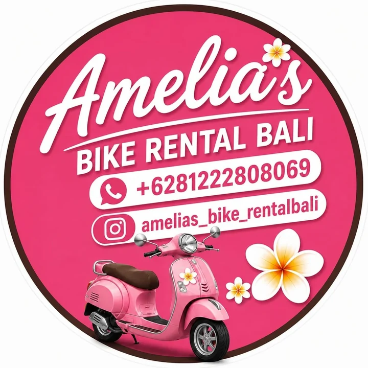 Amelia’s Bike Rental Bali original pink badge logo, with scooter and frangipani flowers